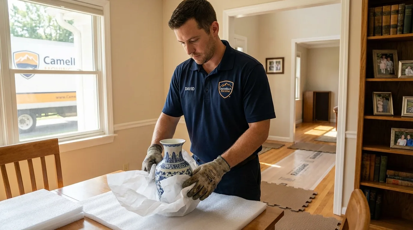 Professional crew carefully wrapping antique vase for senior downsizing move in Springfield, TN